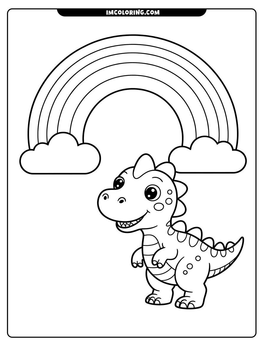 Outline of a smiling dinosaur standing below a rainbow and two clouds.