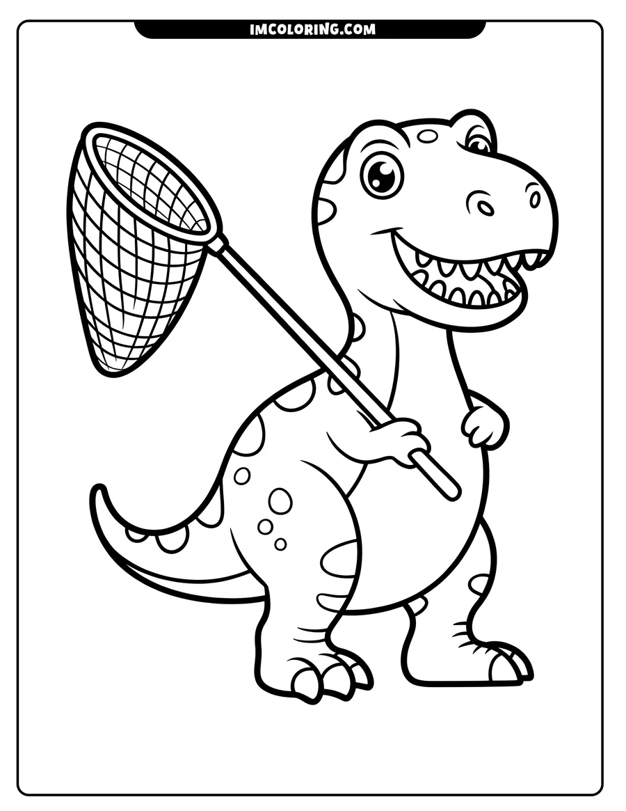Line art of a friendly dinosaur holding a butterfly net.