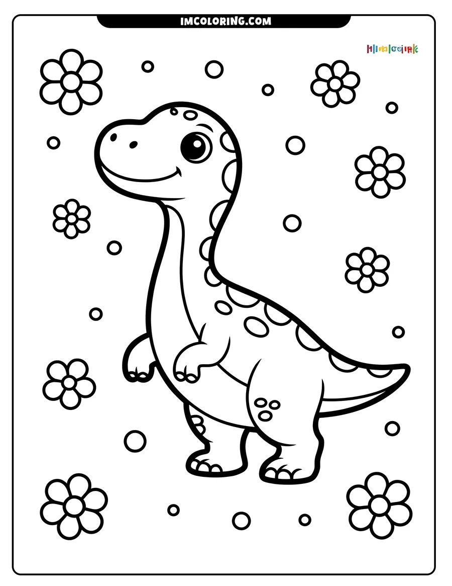Line art of a smiling dinosaur with spots. It's surrounded by simple flowers and circles, ready to be colored.