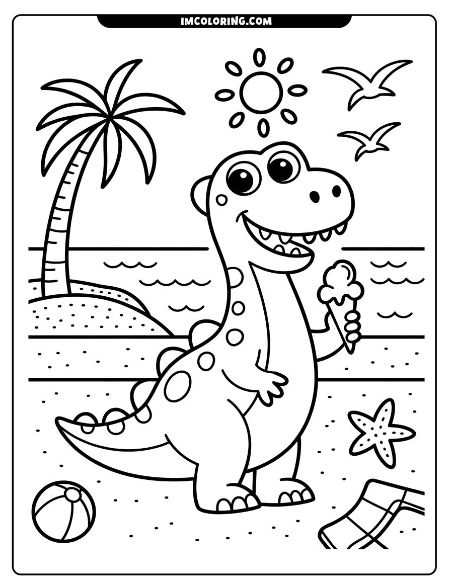 Outline of a smiling dinosaur eating an ice cream cone on a sandy beach with a palm tree, beach ball, starfish, and towel nearby.