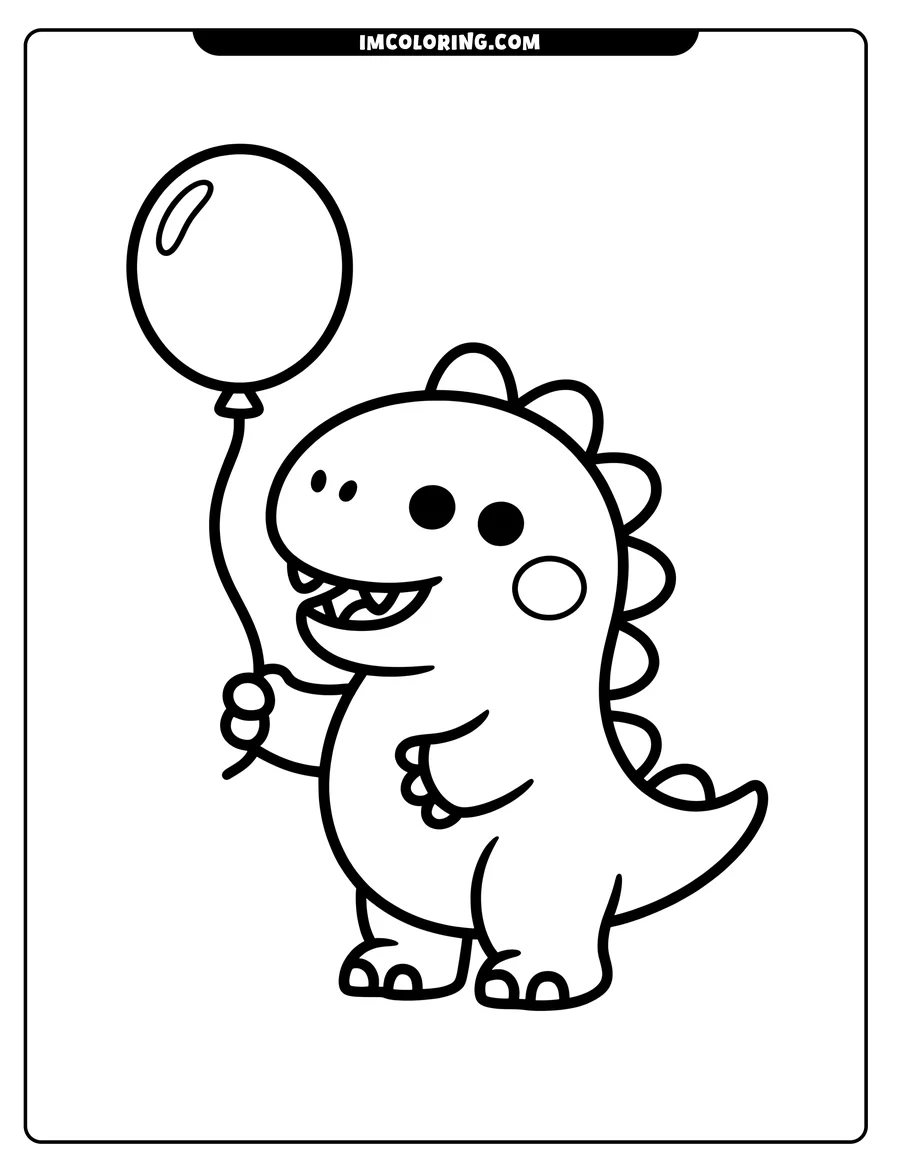 Line art of a friendly dinosaur holding a balloon.
