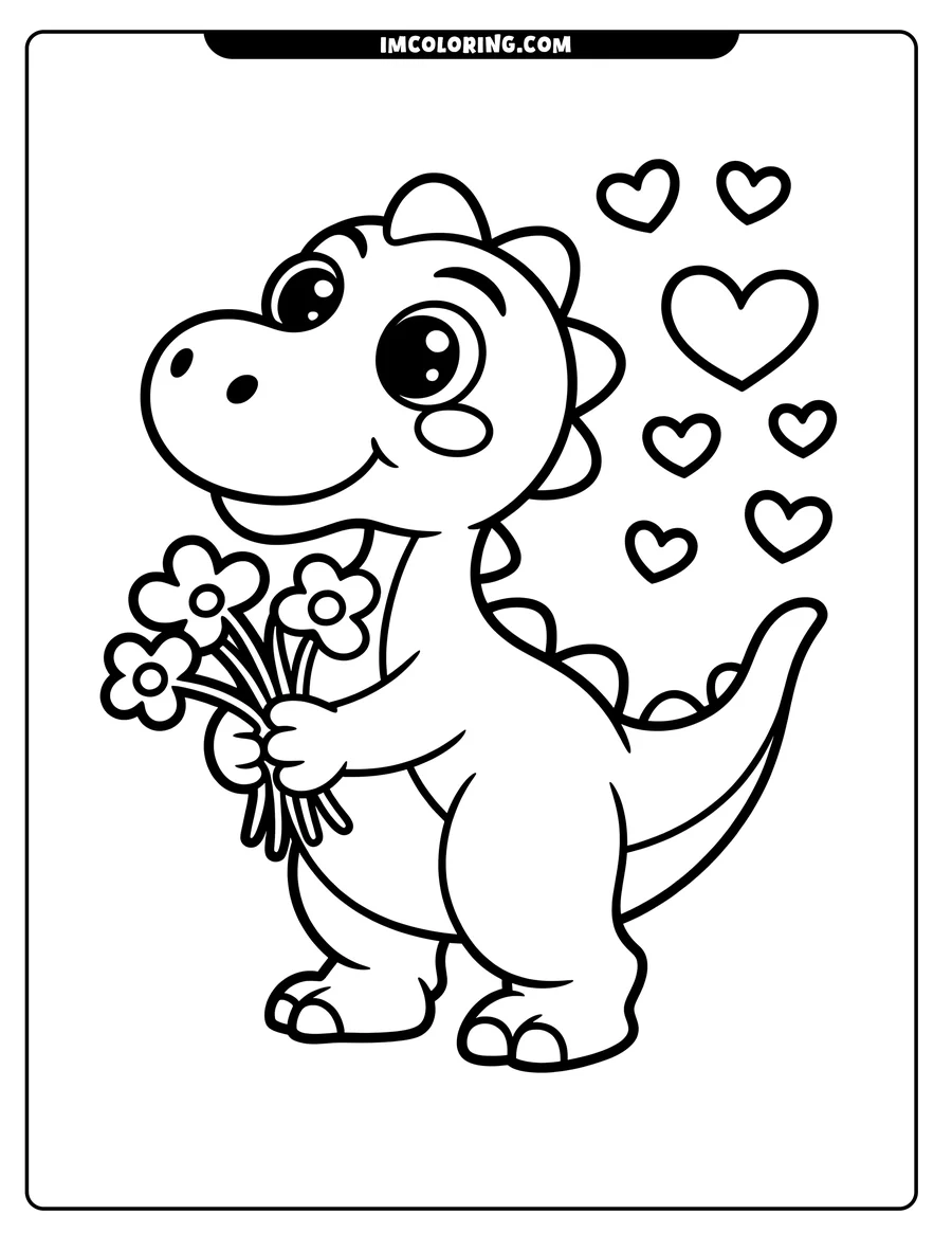 Outline of a cartoon dinosaur holding a bouquet of flowers, with hearts floating nearby.