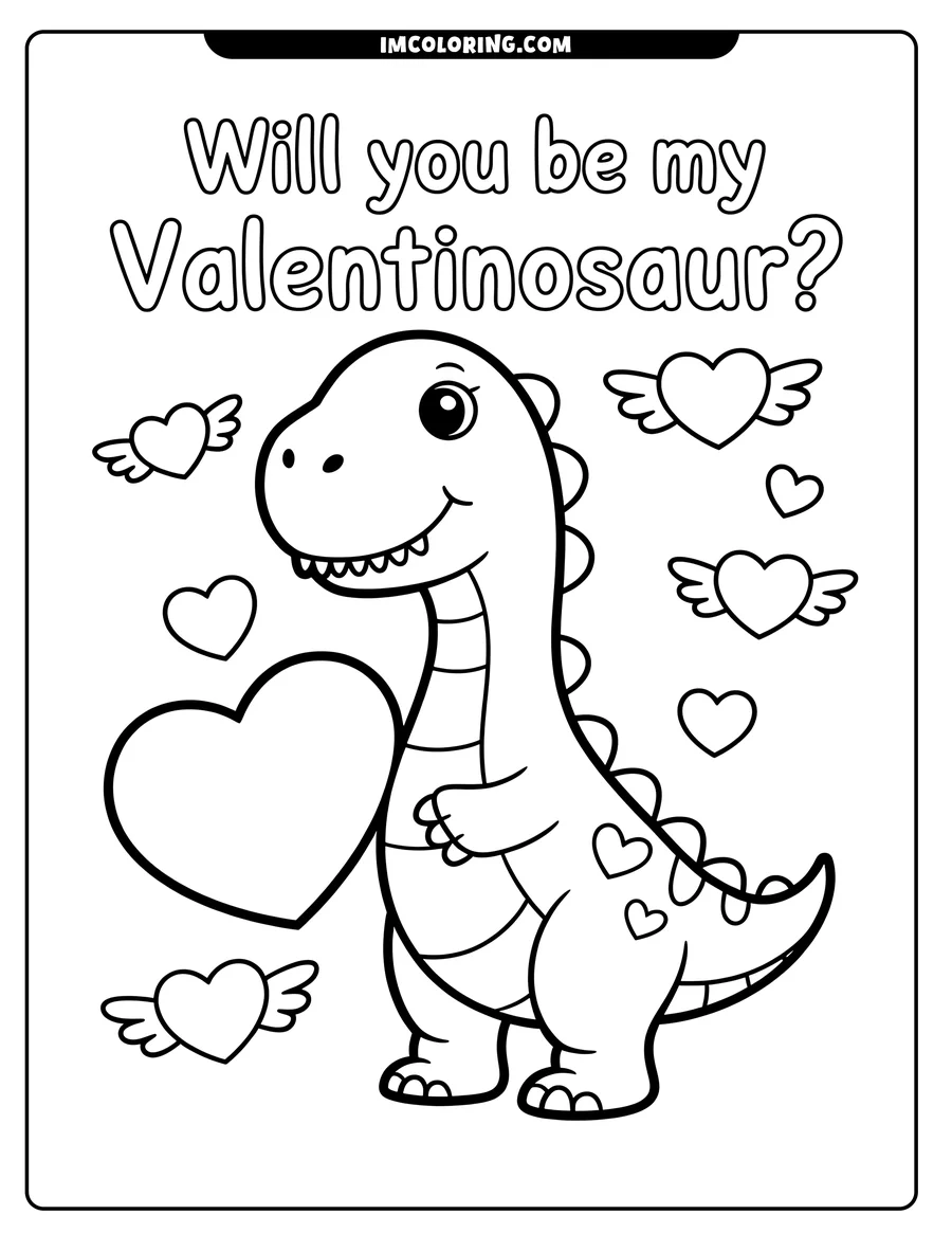 Outline of a smiling dinosaur holding a large heart, surrounded by smaller winged hearts.
