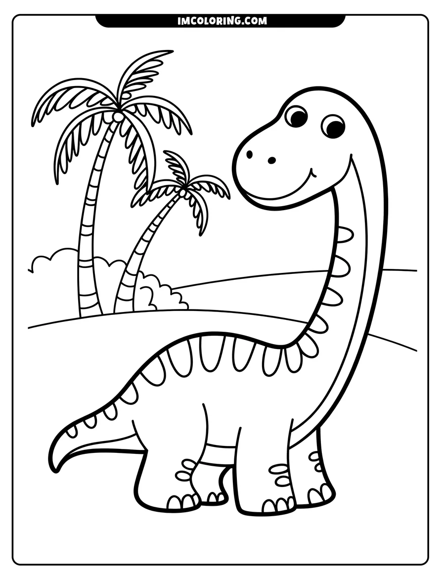 Outline of a friendly dinosaur standing near two palm trees on a small hill. The dinosaur has a long neck, large eyes, and a gentle smile.