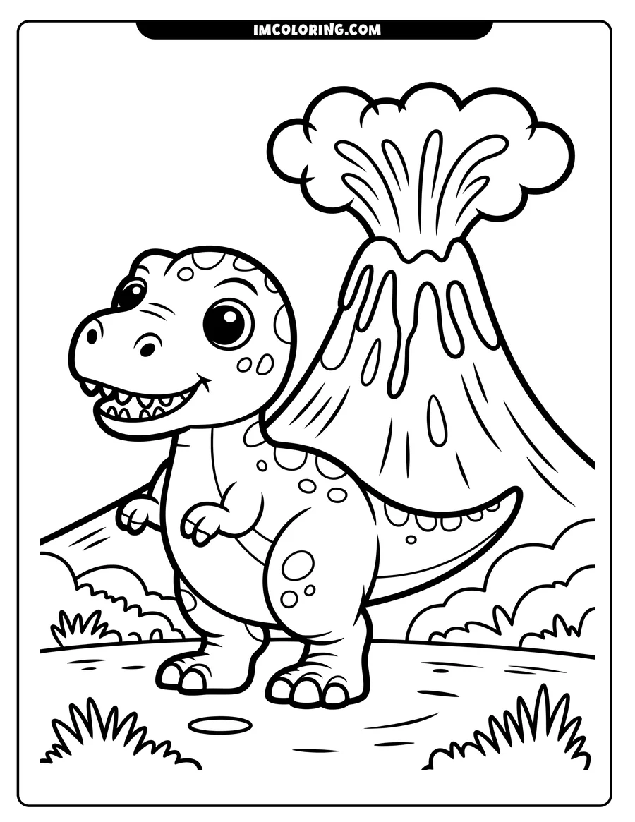 Outline of a baby dinosaur standing near an erupting volcano. The dinosaur is smiling and looks friendly.