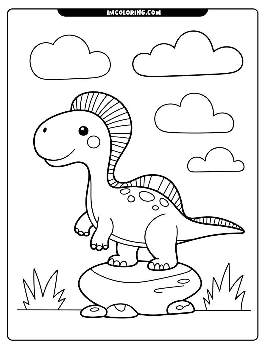 Line art of a dinosaur standing on a rock with clouds overhead.
