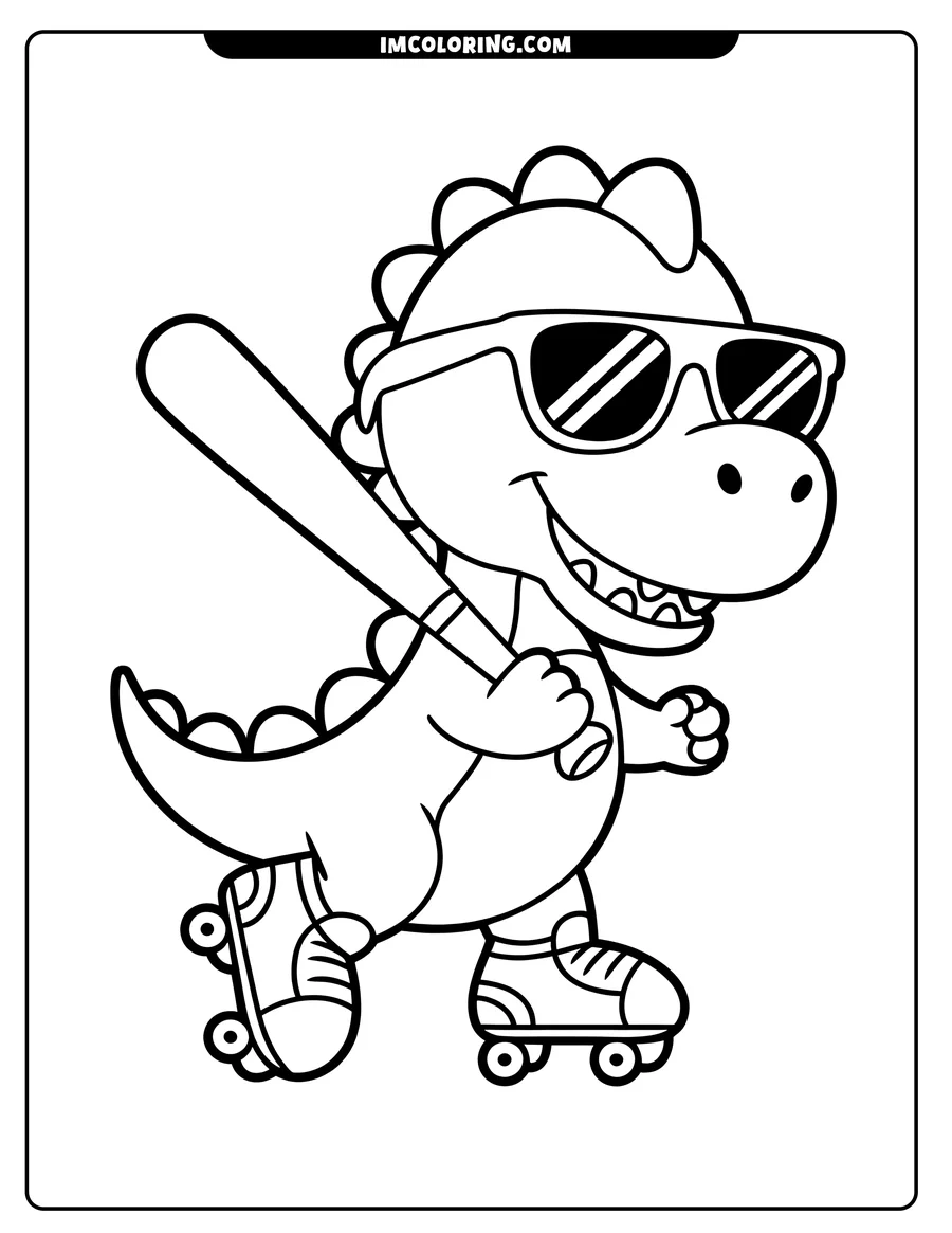 Outline of a smiling dinosaur wearing sunglasses, roller skating while holding a baseball bat.