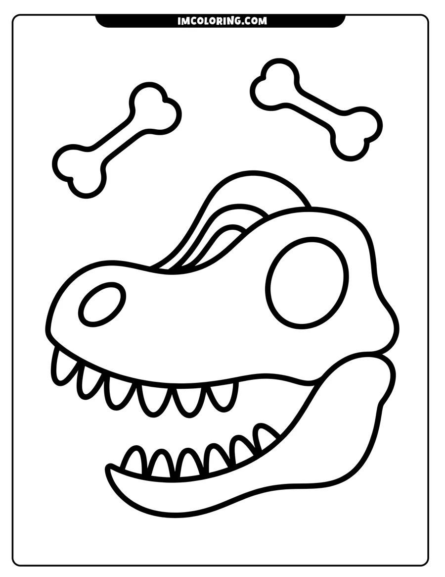 Outline of a cartoon dinosaur skull with bones scattered around it.