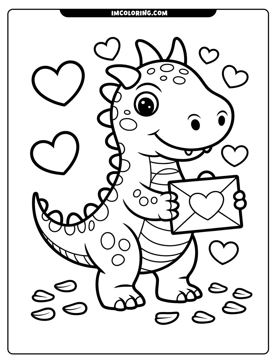 Outline of a friendly dinosaur holding a Valentine's Day card. Hearts decorate the background and petals lie at the dinosaur's feet.