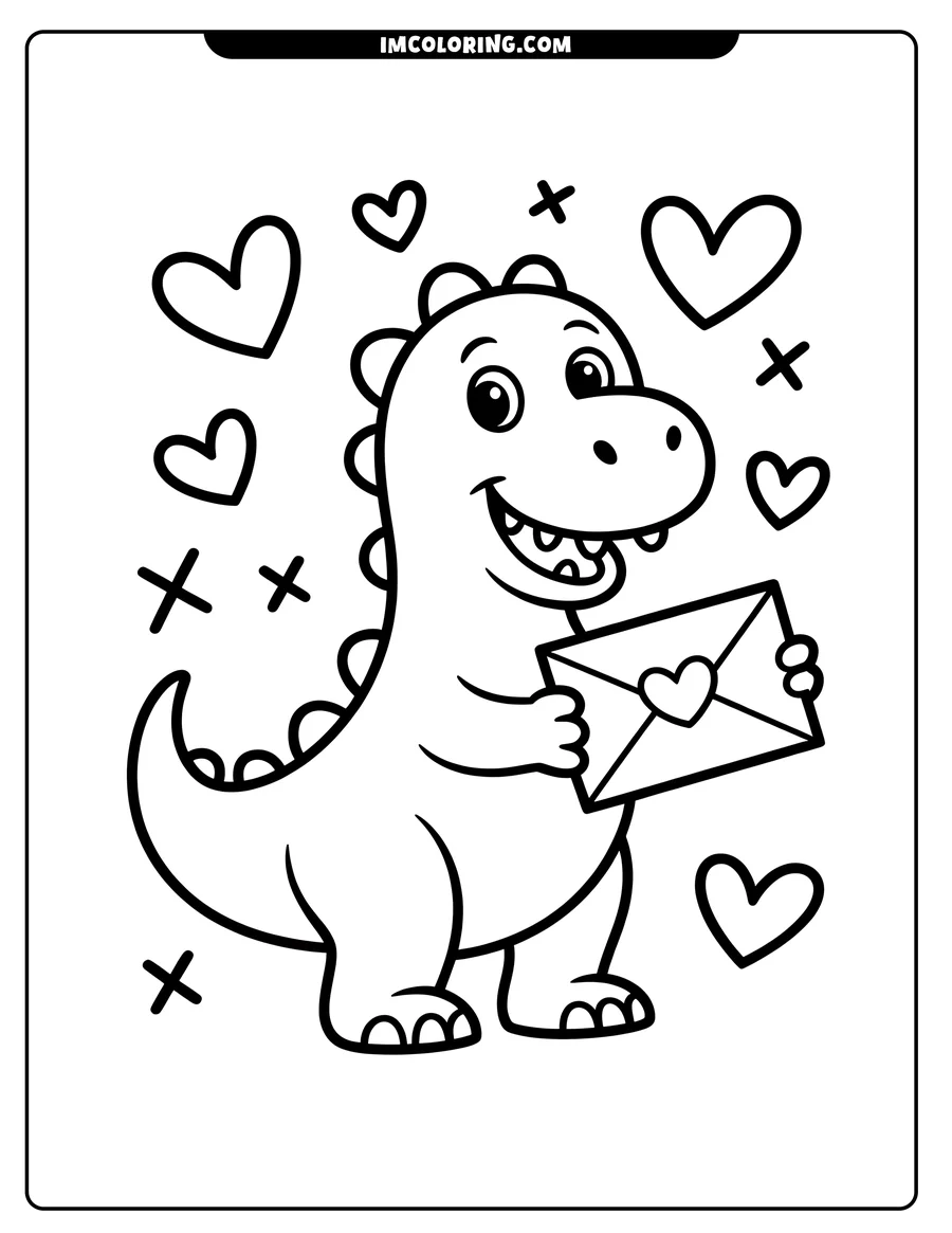 Outline of a cartoon dinosaur holding a Valentine's card decorated with a heart, surrounded by small hearts and X's.