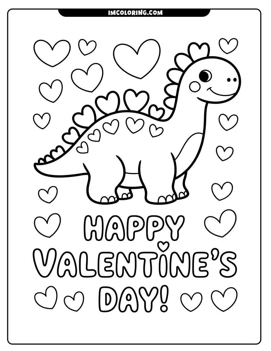 Outline of a dinosaur with heart-shaped scales, surrounded by hearts and the words 'Happy Valentine's Day'.