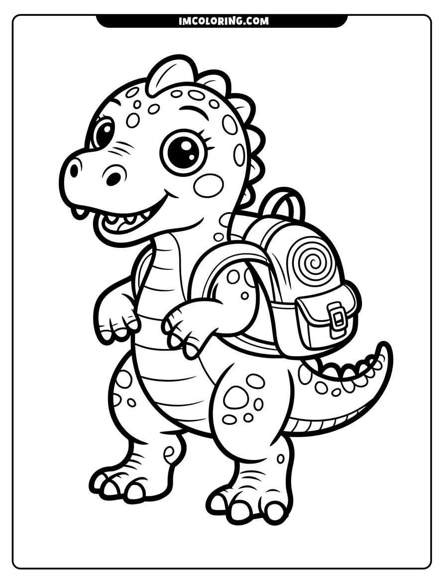 Line art of a smiling dinosaur wearing a backpack with a spiral pattern and small pouch.
