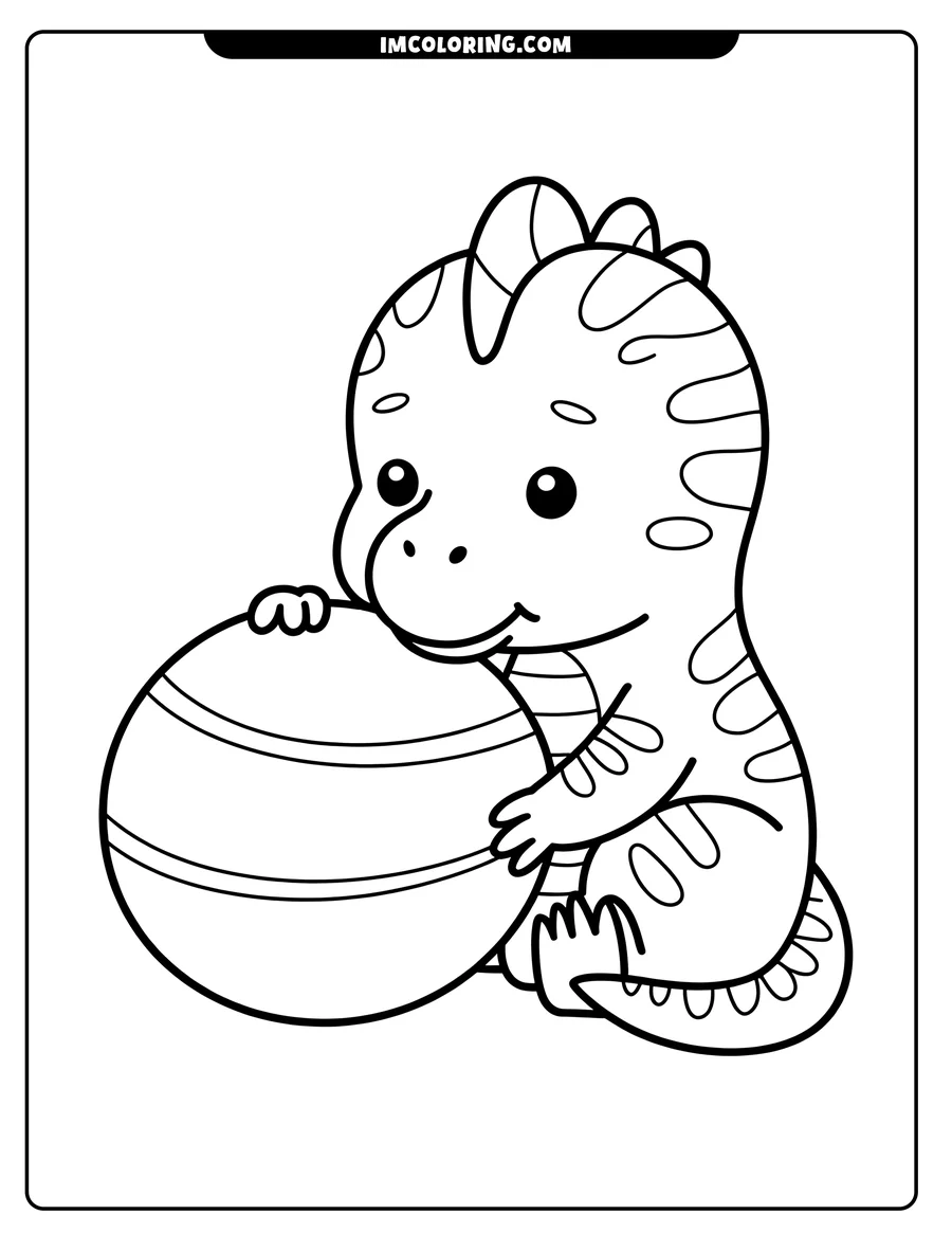 Outline of a cartoon dinosaur holding a large striped ball. The dinosaur has dorsal fins and a long tail.