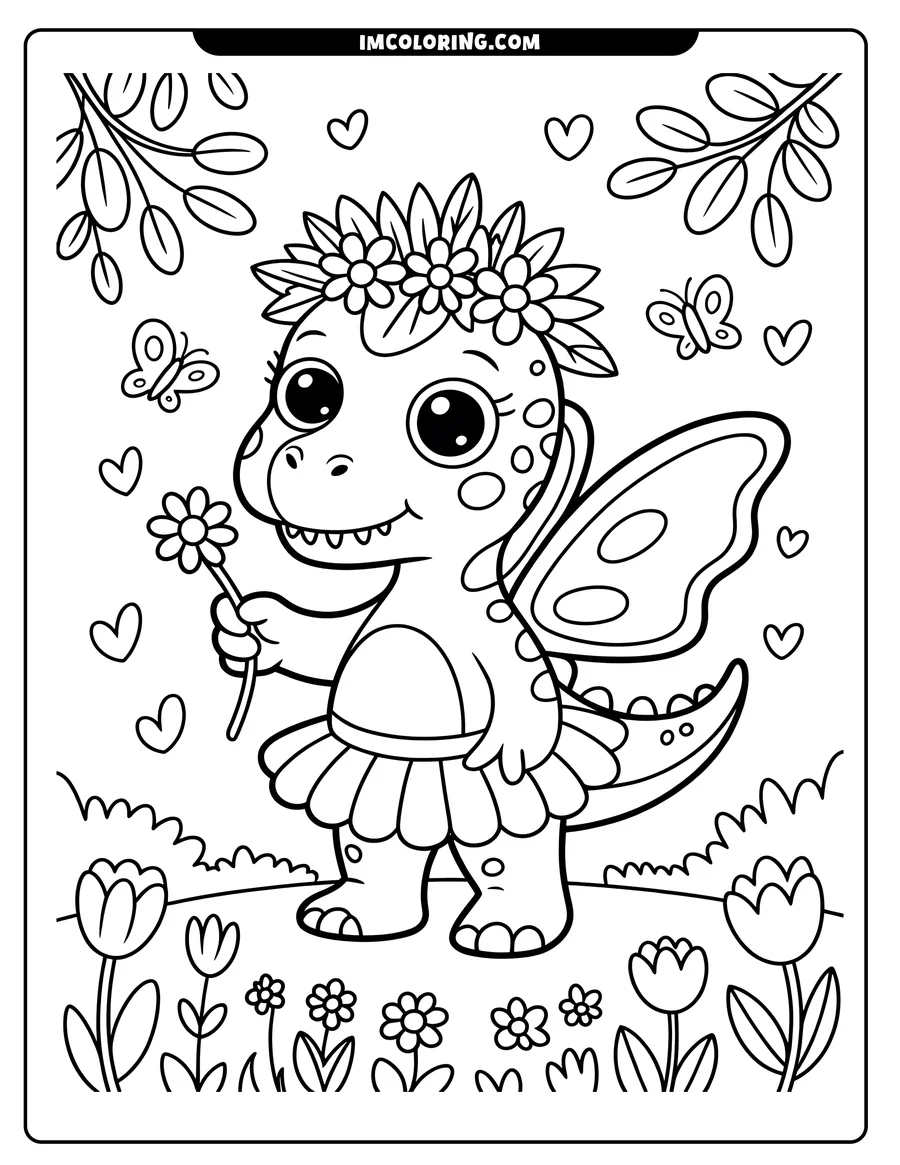 Outline of a cute dinosaur holding a daisy flower, wearing a flower crown and butterfly wings, standing in a garden.