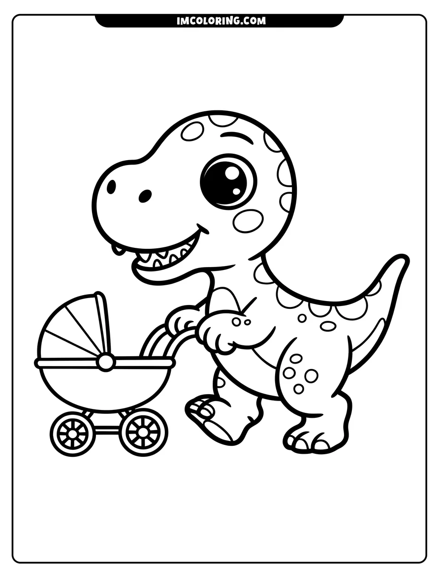 A cartoon dinosaur pushes a baby stroller. The dinosaur has spots and large, friendly eyes.