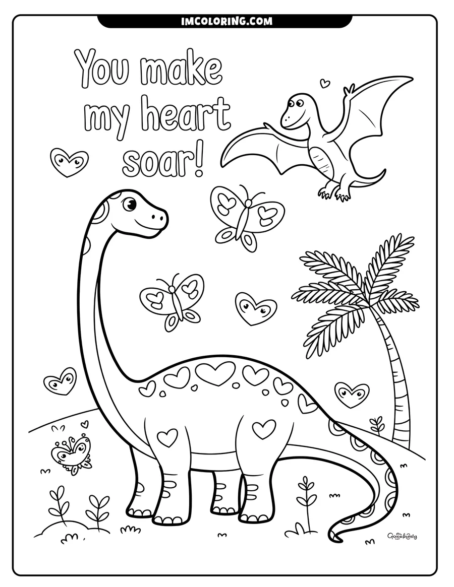 Line art of two dinosaurs, a long-necked sauropod and a pterodactyl, surrounded by butterflies with heart-shaped wings and floating hearts near a palm tree.