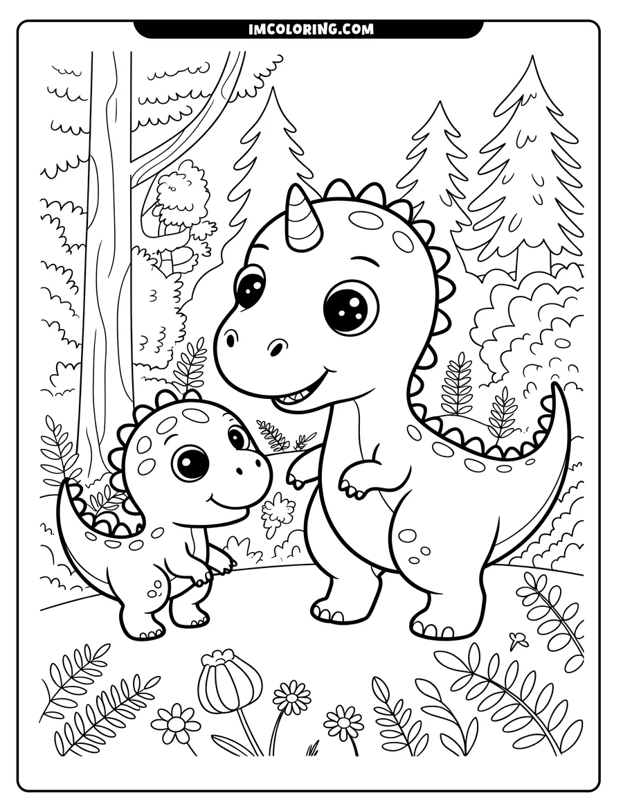 Line art of two dinosaurs, one large and one small, in a forest clearing with flowers, ferns, and trees in the background.