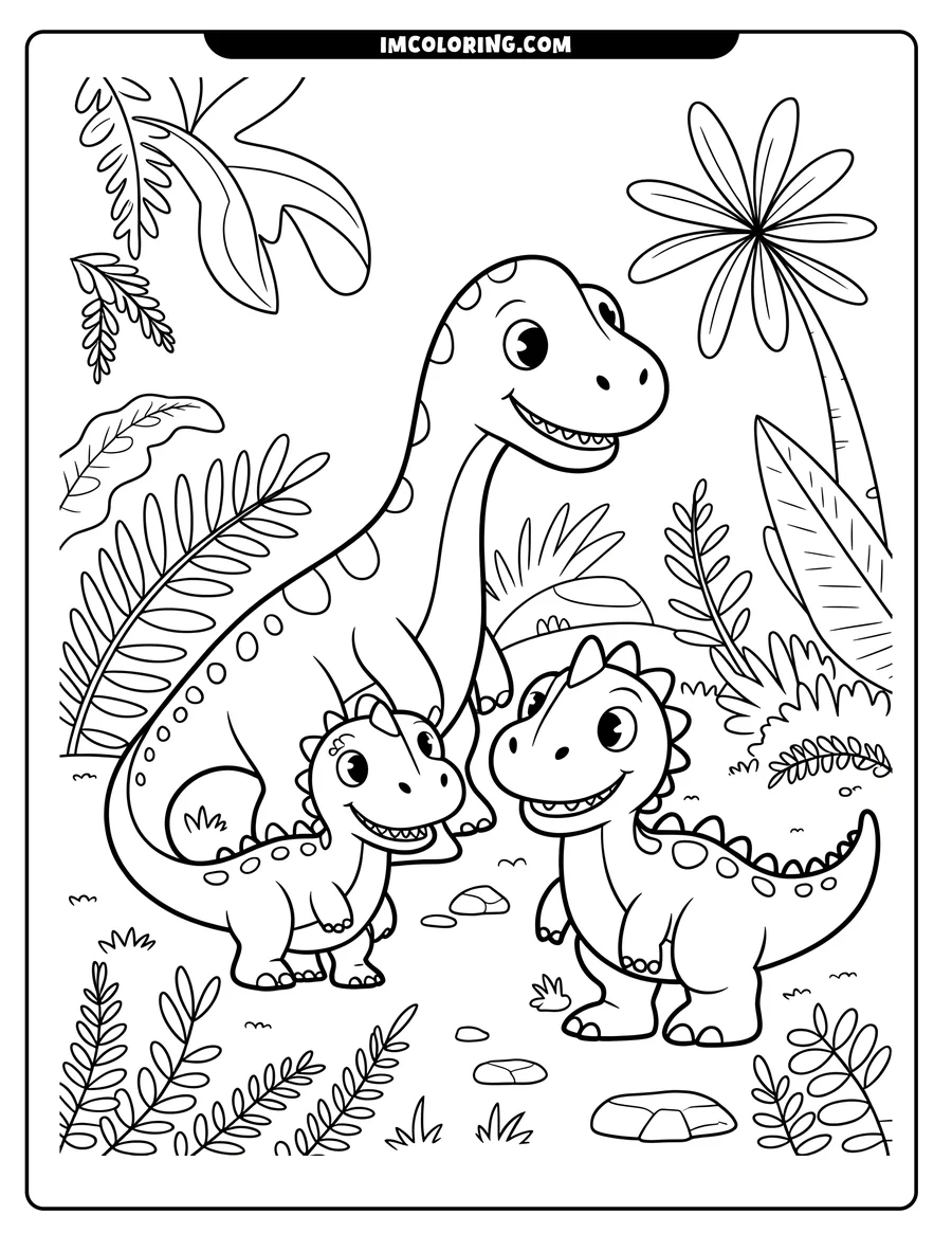 Line art of three dinosaurs in a jungle setting. Two smaller dinosaurs stand near a larger spotted dinosaur, surrounded by tropical plants and rocks.
