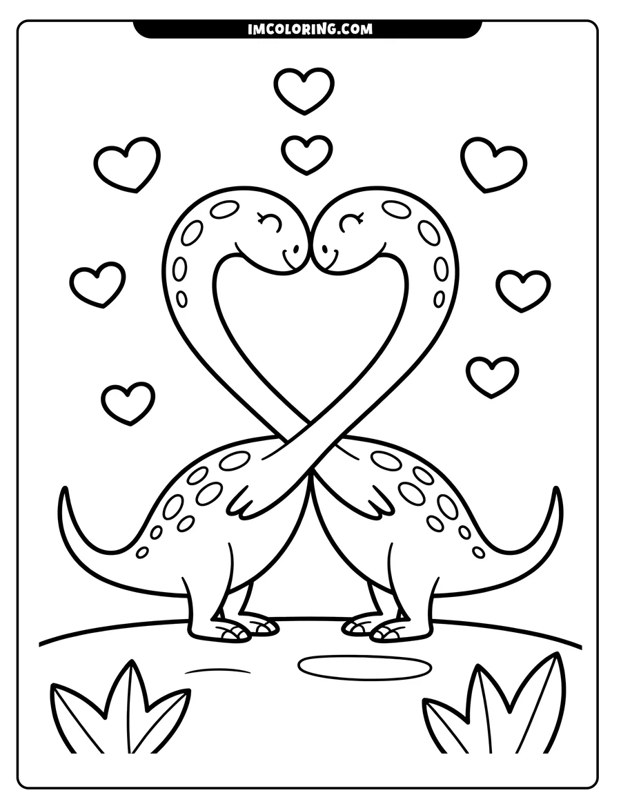 Two dinosaurs with their necks entwined to form a heart, surrounded by smaller hearts.