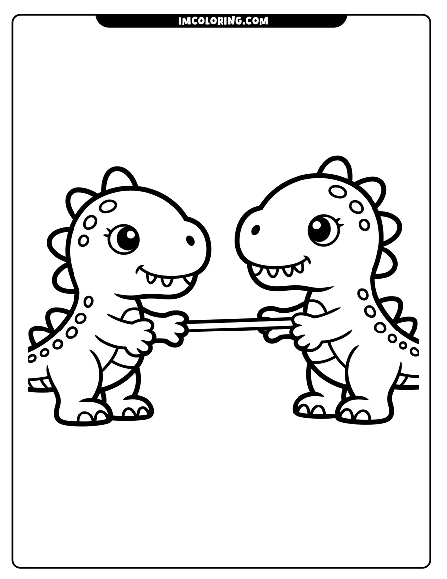 Two dinosaurs playing tug-of-war. They both hold onto a rope.