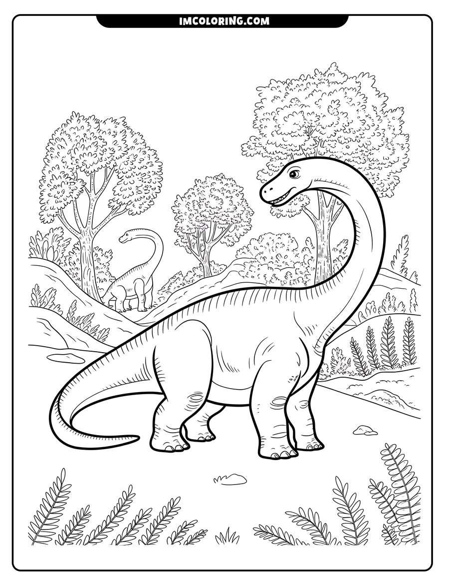 Line art of two dinosaurs in a prehistoric landscape. A large, long-necked dinosaur stands in the foreground with a smaller, plated dinosaur grazing behind it among trees and ferns.