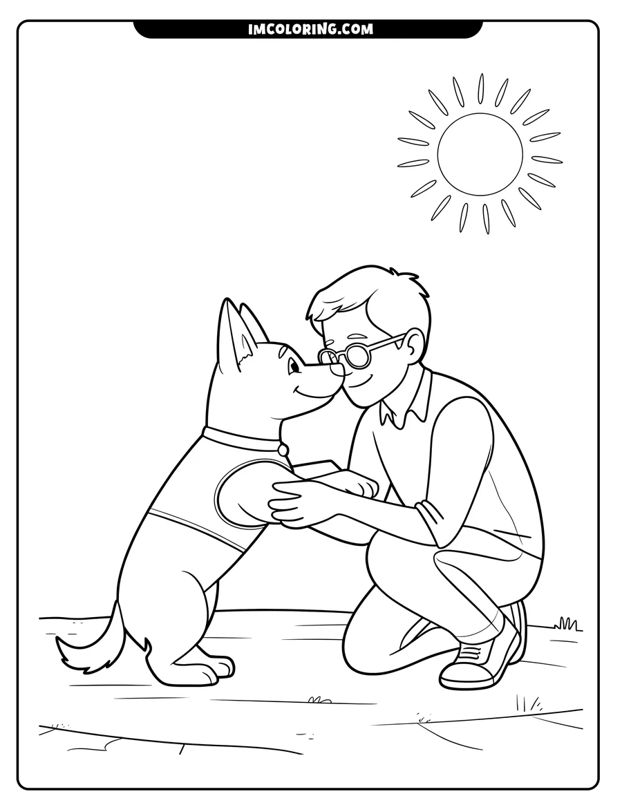 Line art of a boy with glasses kneeling down and petting a dog wearing a harness. The sun shines brightly overhead.