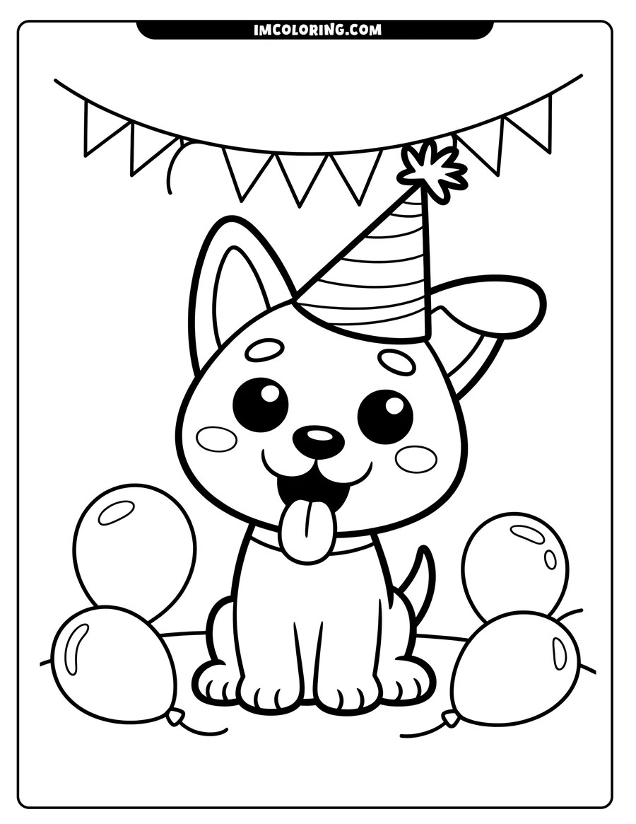 Line drawing of a puppy sitting at a birthday party, surrounded by balloons and wearing a party hat.