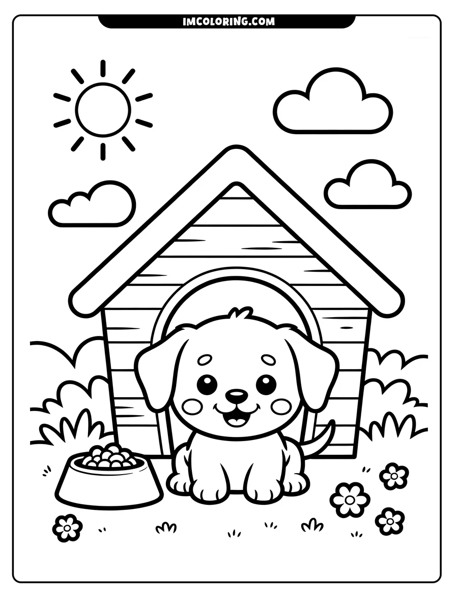 Line art of a puppy sitting by its doghouse with a bowl of food.