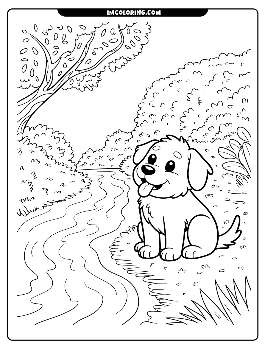 Line art of a happy dog sitting by a river. Trees and bushes surround the riverbank.