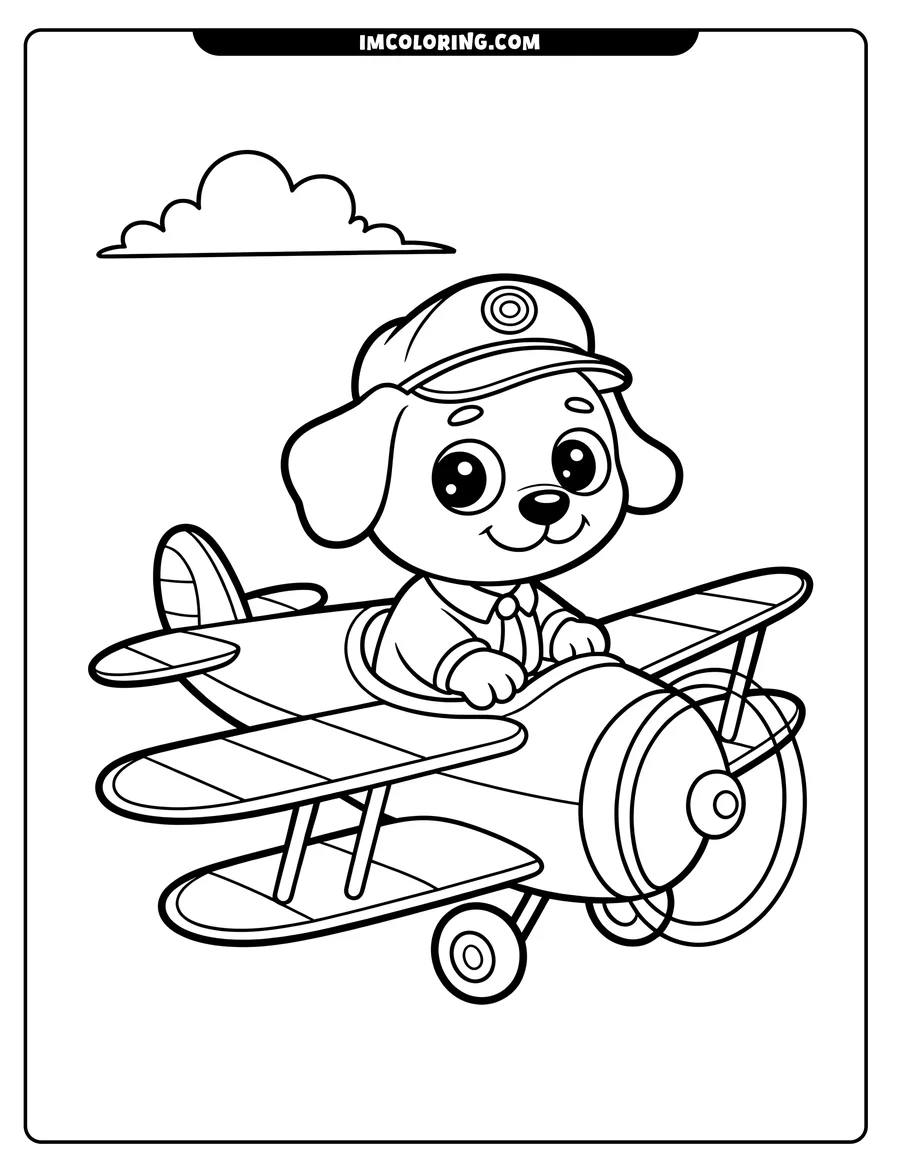 Line art of a friendly cartoon dog piloting a biplane beneath a cloud