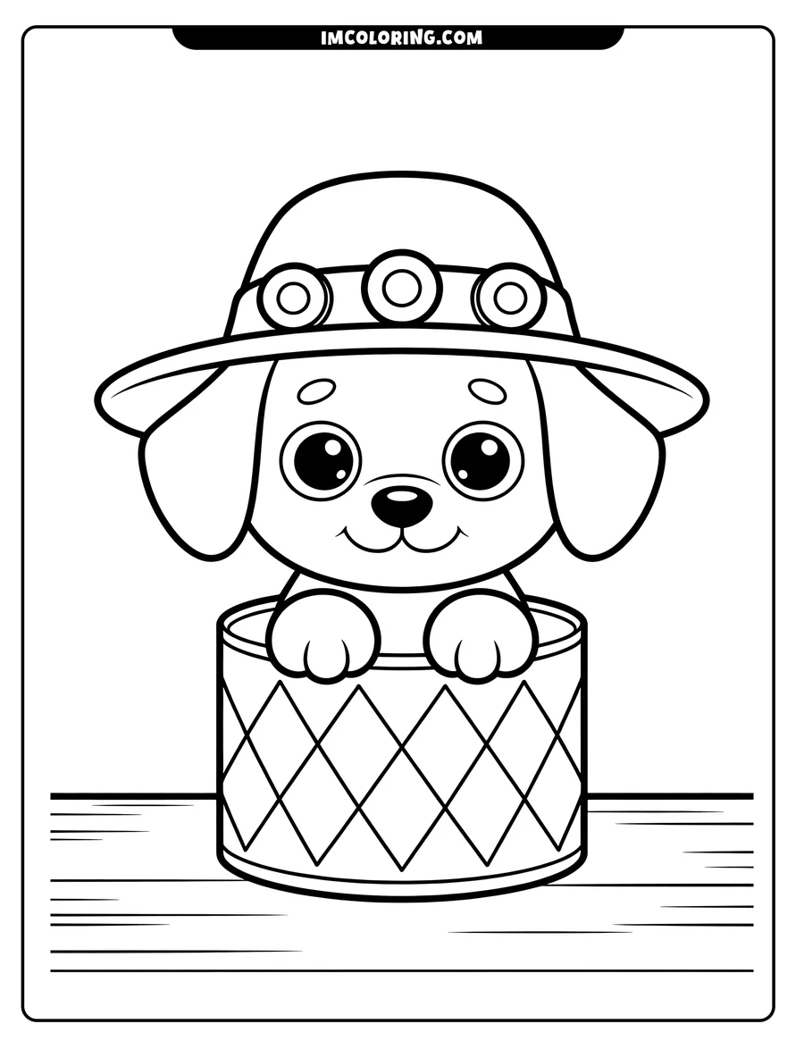 Outline of a puppy sitting in a patterned basket, wearing a decorated hat.