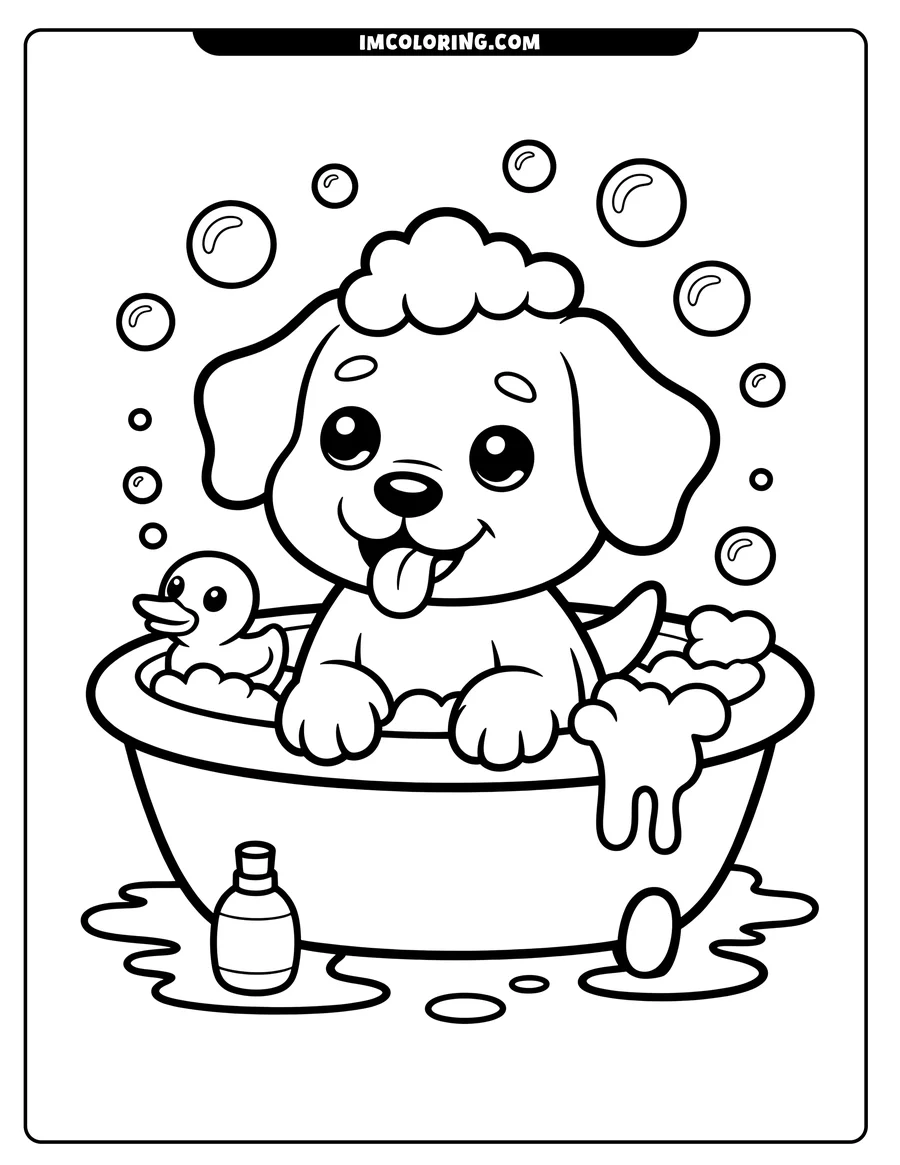 Line drawing of a puppy in a bathtub with a rubber duck and bubbles.