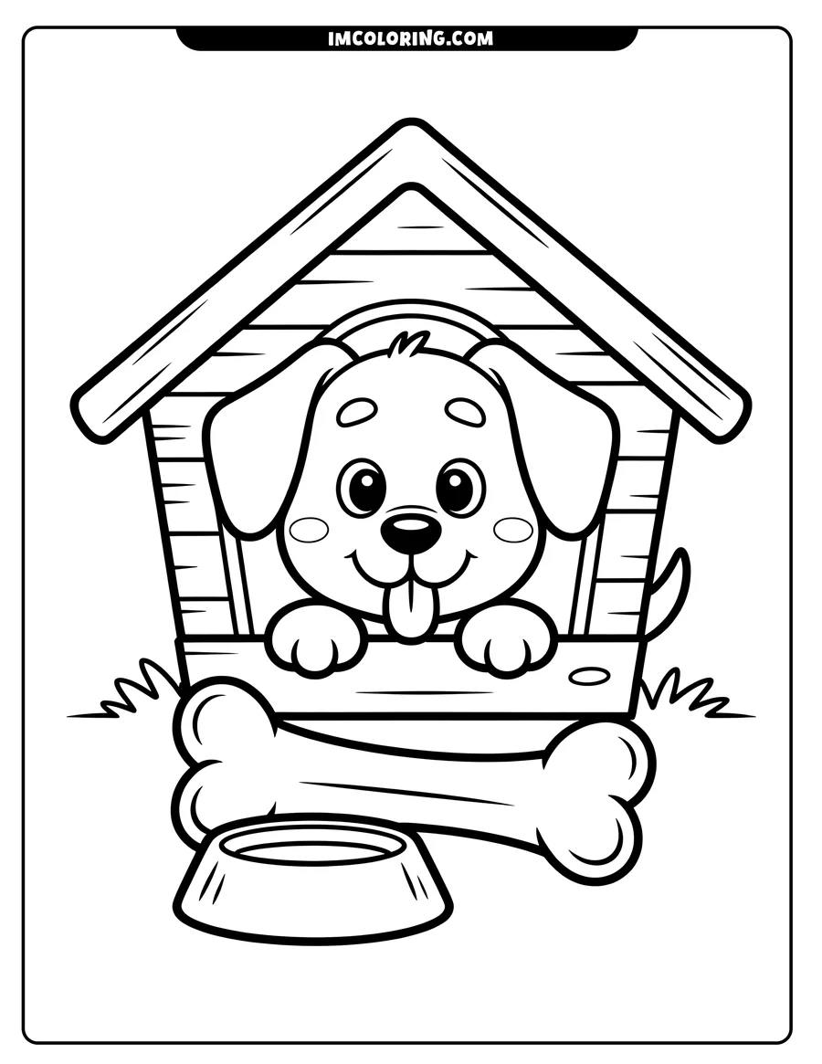 Outline of a cartoon puppy sitting in its doghouse, with a bone and food bowl in front.