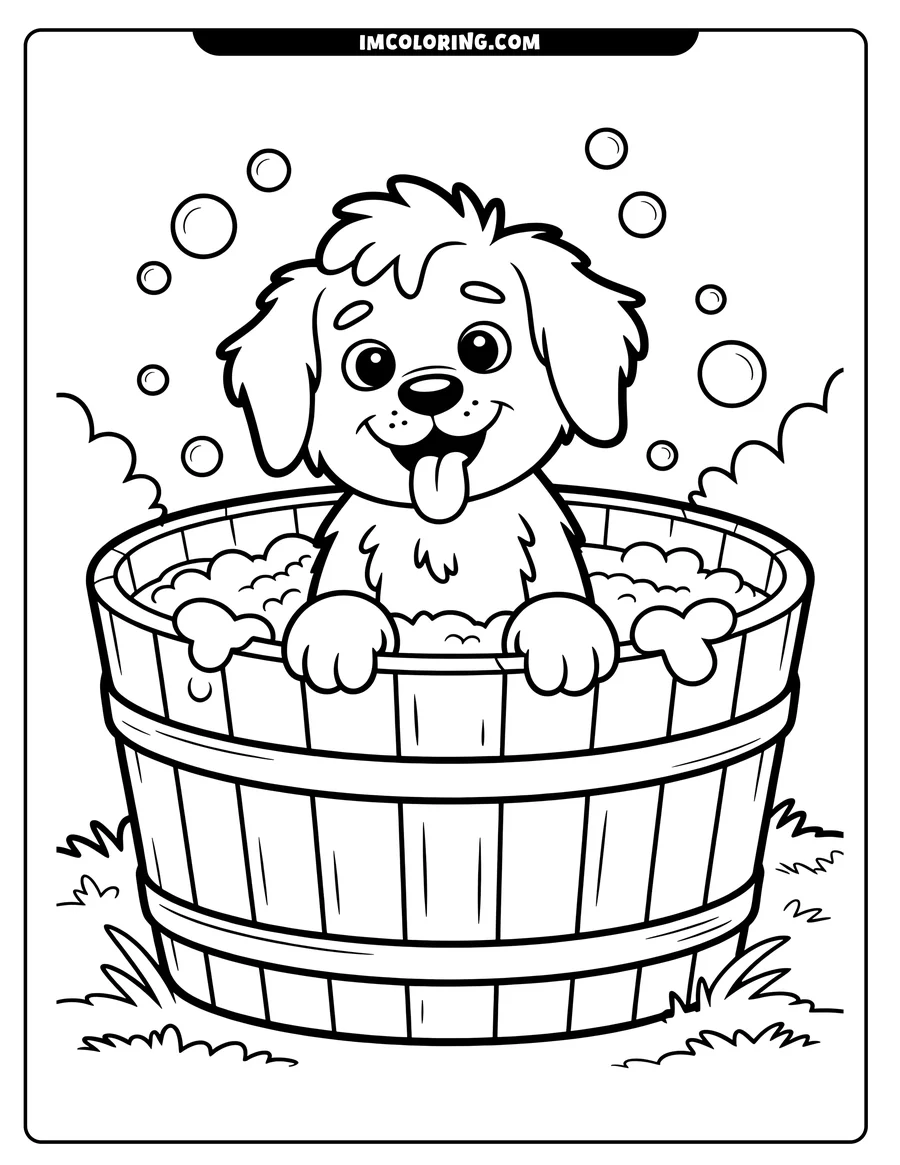 Line art of a cartoon dog sitting in a wooden tub filled with bubbles. The dog looks happy with its tongue sticking out.