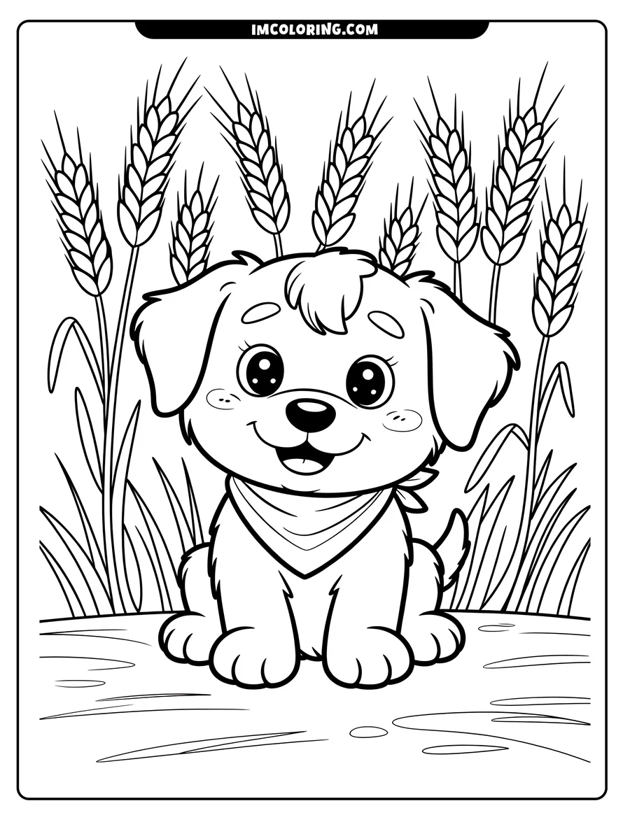 Outline of a cartoon dog sitting in a wheat field. The dog is wearing a bandana.