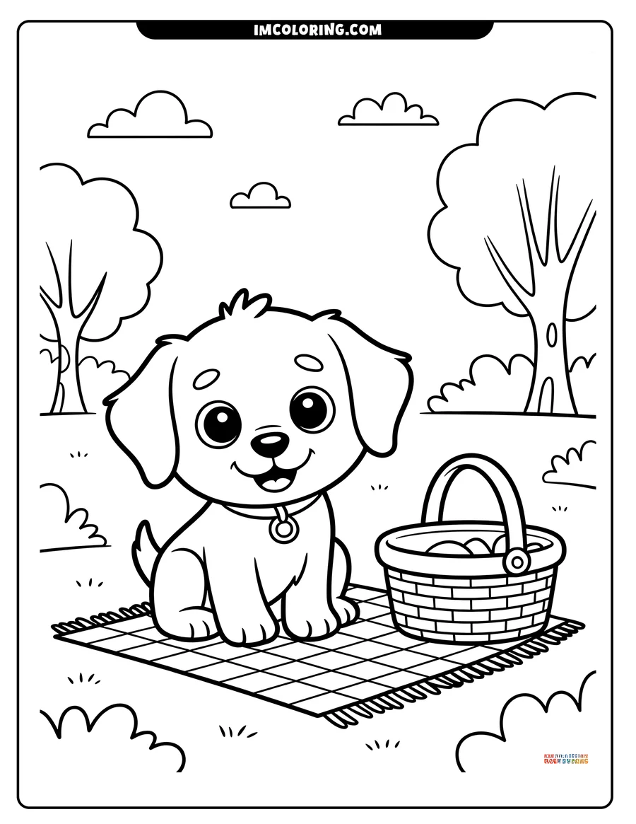 Outline of a puppy sitting on a picnic blanket with a basket beside it, in a grassy area with trees and clouds.