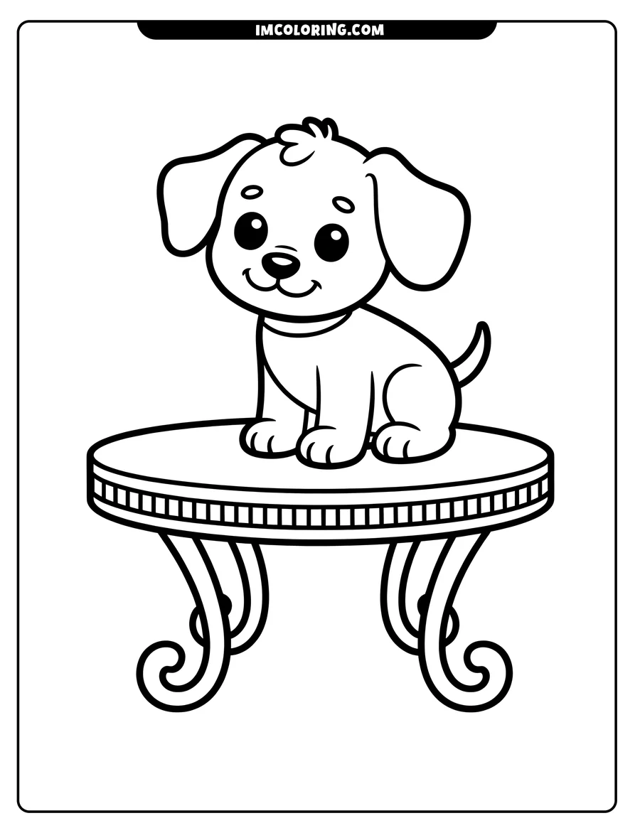 Line art of a dog sitting on a small, round table