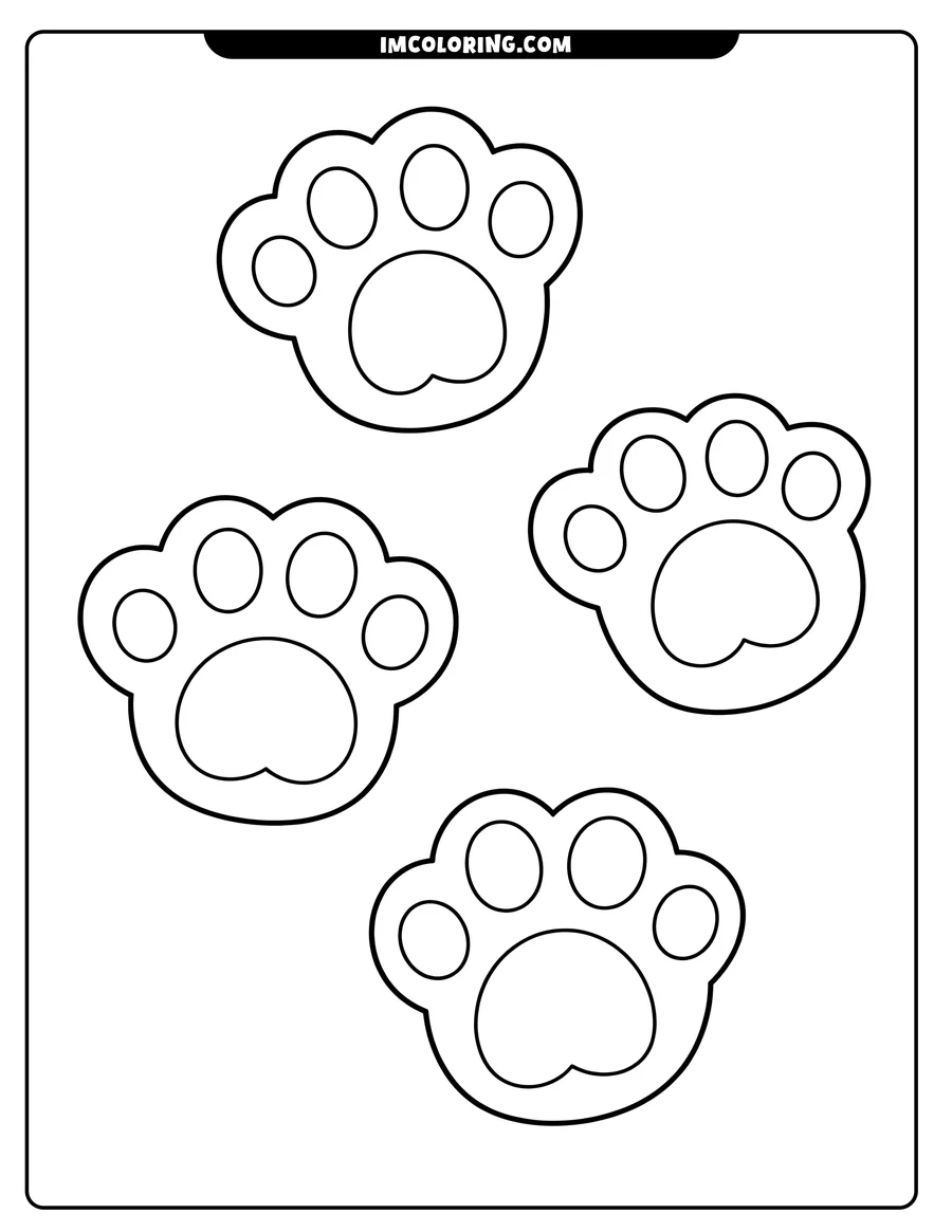 Four simple dog paw prints, each with four rounded toes and a heart-shaped pad.