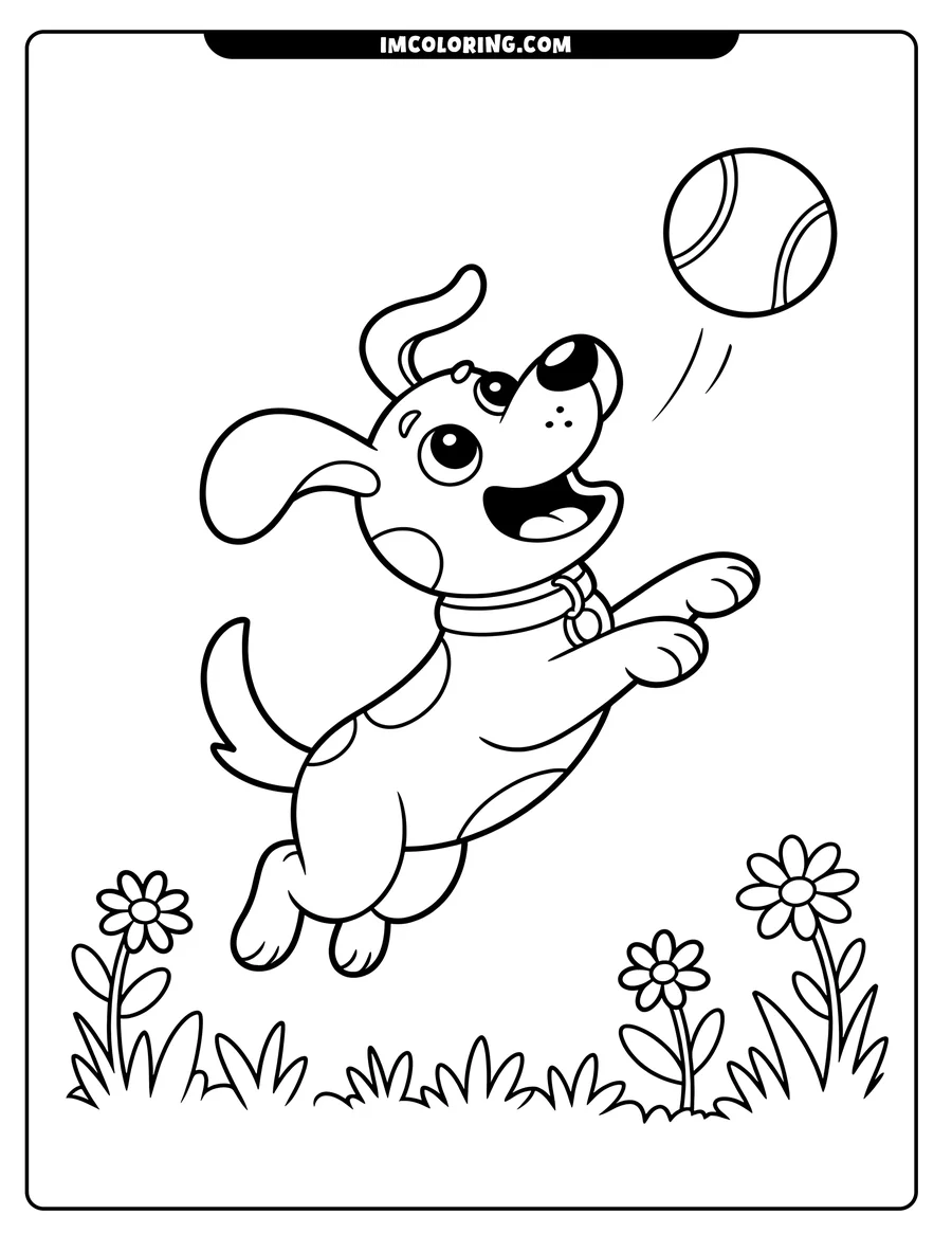 Line drawing of a playful dog leaping to catch a tennis ball among flowers.