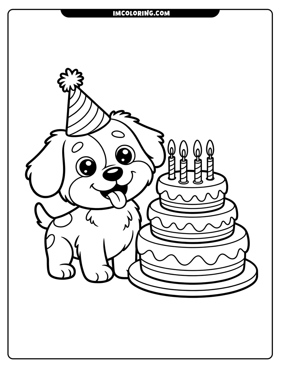 Line art of a dog wearing a party hat, standing next to a birthday cake with lit candles.