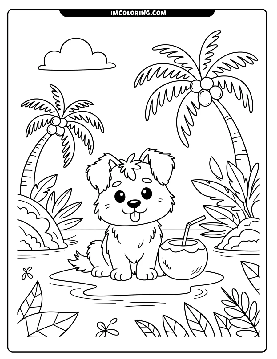 Outline of a cartoon dog enjoying a coconut drink on a tropical island with palm trees and other foliage.