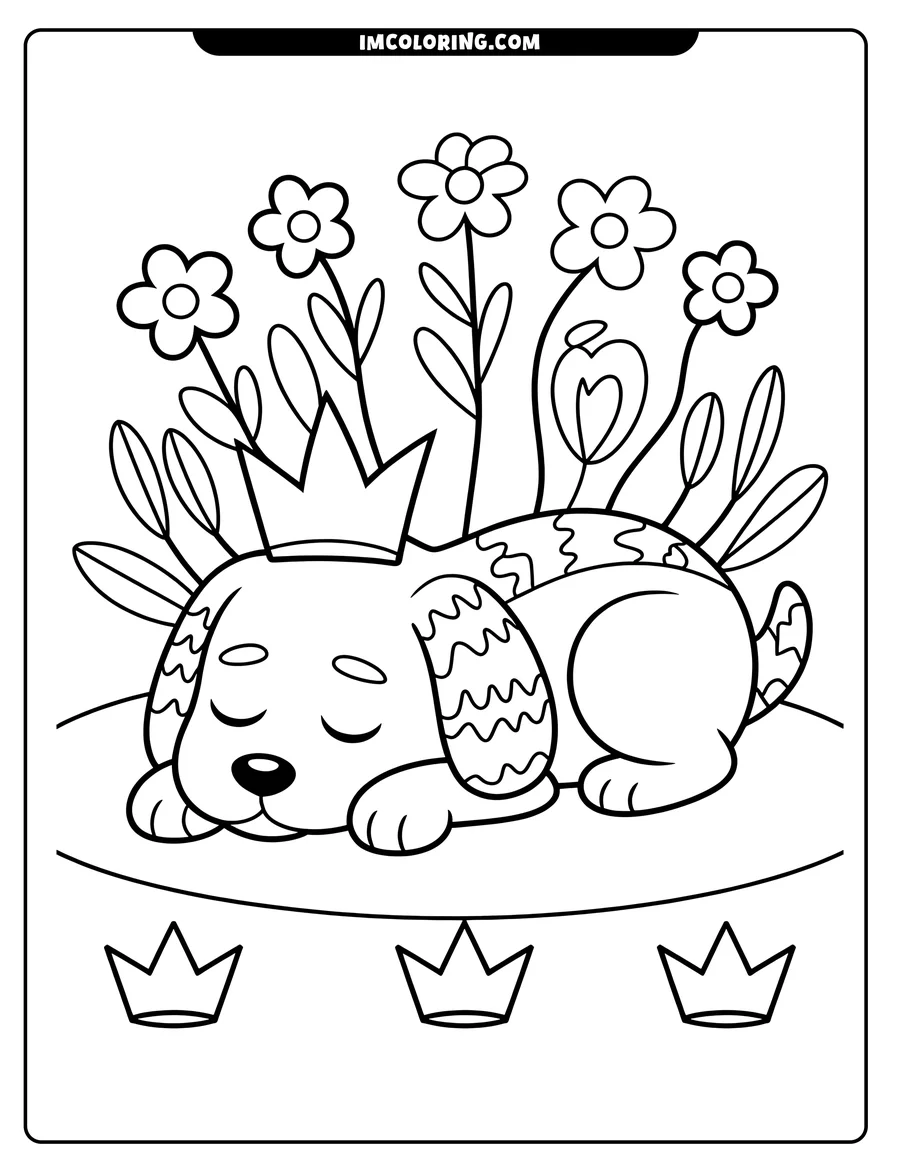 Outline of a cartoon dog with a crown sleeping peacefully, surrounded by flowers and crown shapes.