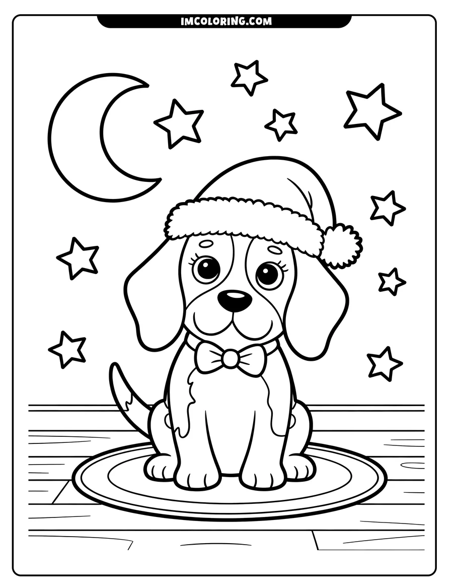 Outline of a dog sitting on a rug, wearing a Santa hat. Stars and a crescent moon are visible in the background.