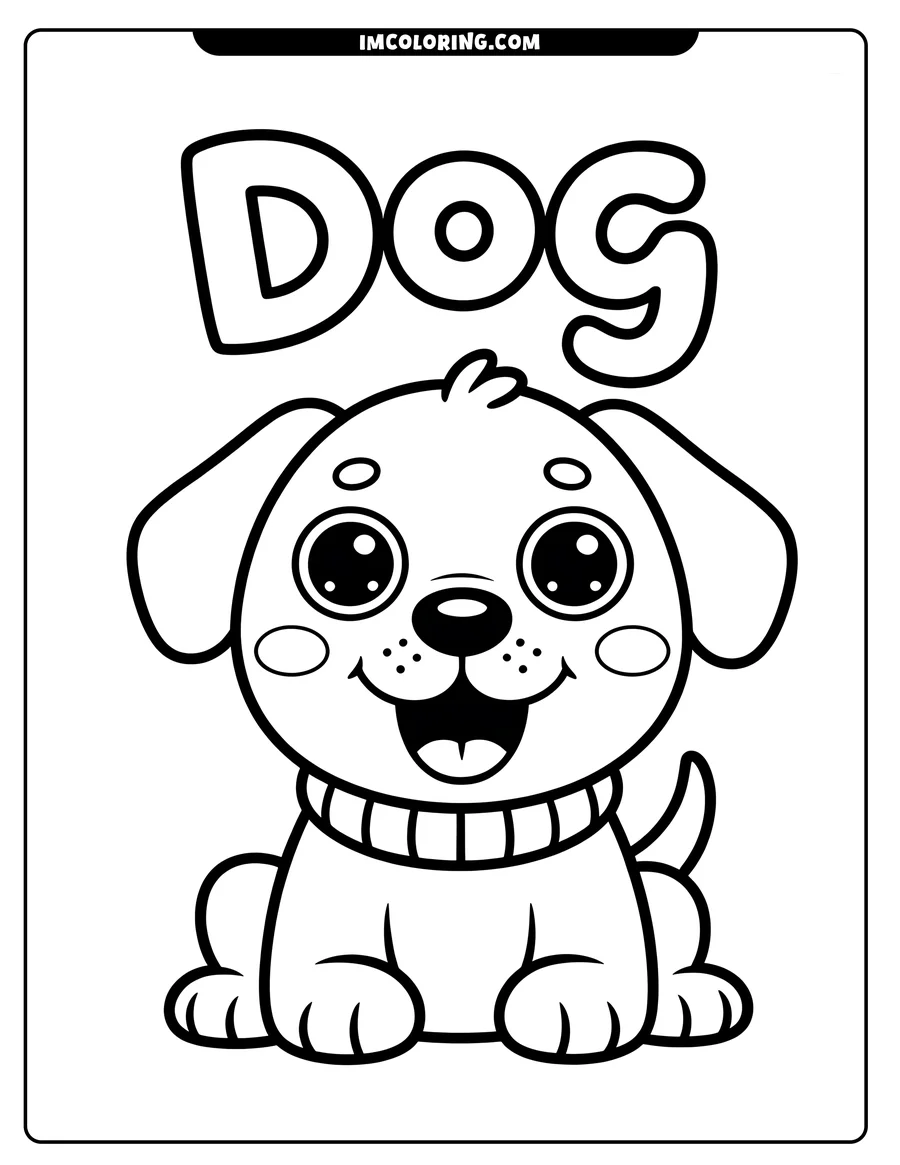 Line art of a cartoon dog wearing a striped collar, sitting and smiling happily.