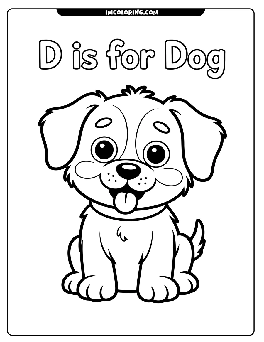 Outline of a cartoon dog sitting with its tongue sticking out, showing a playful expression.