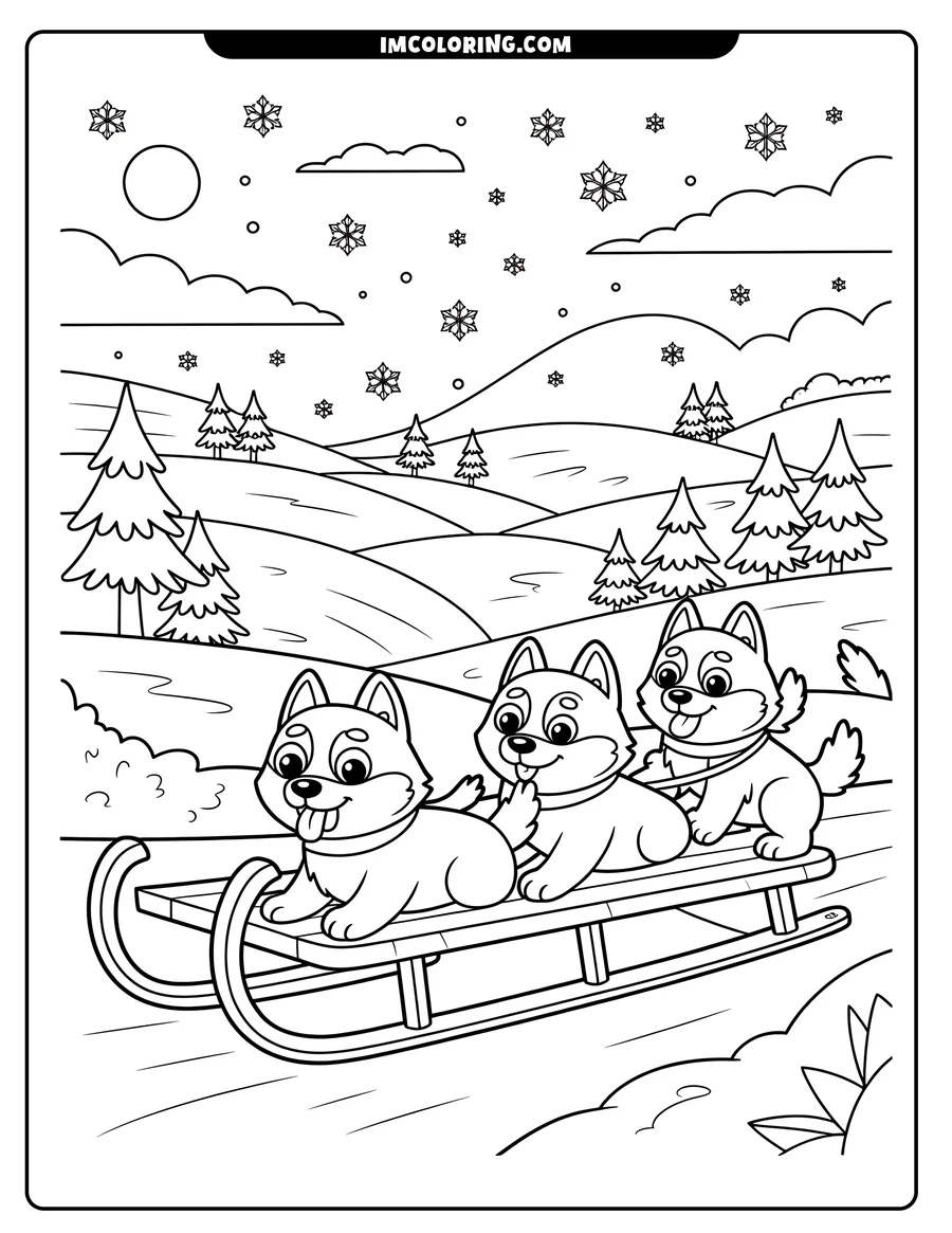 Line art of three dogs riding on a sled in a snowy landscape