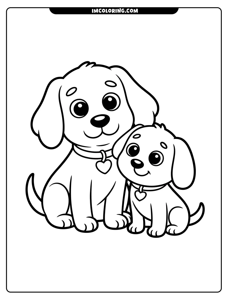 Two simple cartoon dogs sitting together, wearing heart tags. A larger dog with floppy ears beside a slightly smaller puppy.