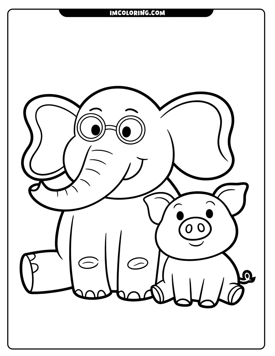 Line art of an elephant with glasses sitting beside a small pig.