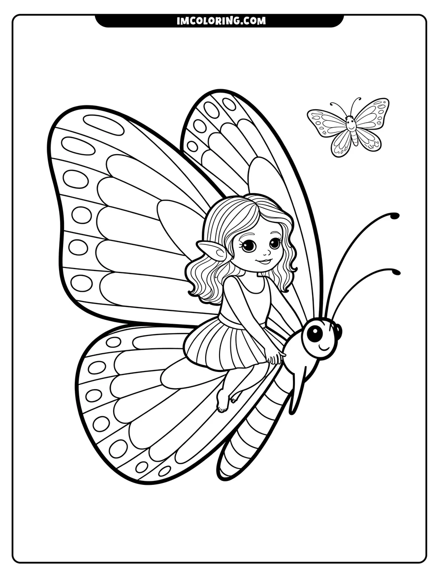 Line art of an elf riding a large butterfly with patterned wings. A smaller butterfly flies nearby.