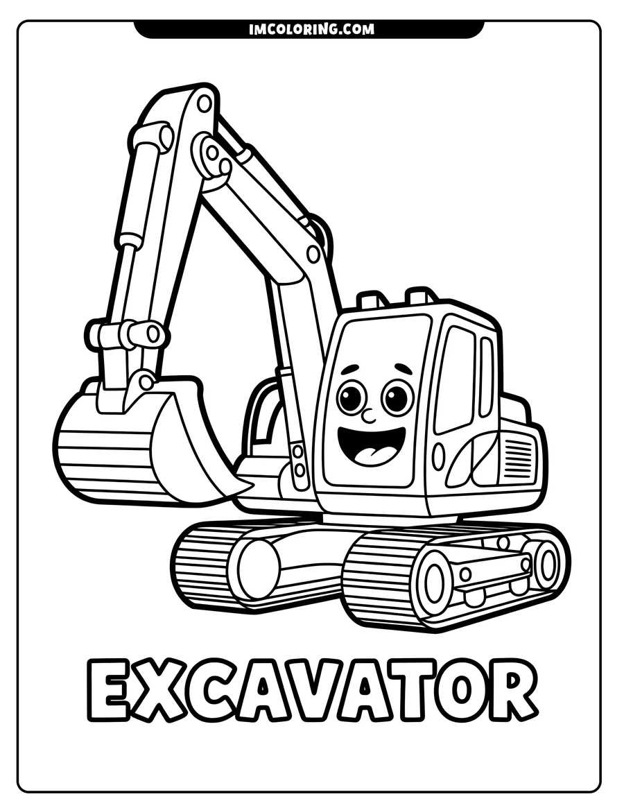 Line drawing of an excavator with a smiling face.